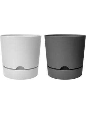 Aesco Begonya Saksı Tabaklı Drenajlı Mat Plastik Çiçek Saksısı (2 Adet, 9 Litre, 25CM, Beyaz&gri)
