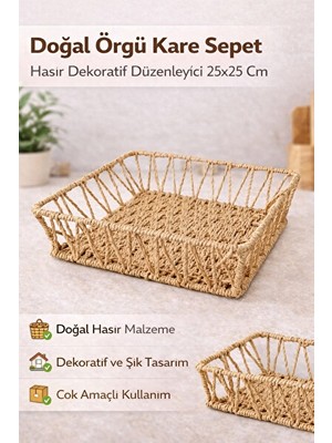 Vaelmont Doğal Örgü Kare Sepet, Hasır Dekoratif Düzenleyici, 25X25 cm