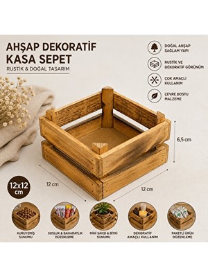 Vaelmont Rustik Ahşap Kasa Sepet ile Dekoratif ve Fonksiyonel Saklama 12X12 cm
