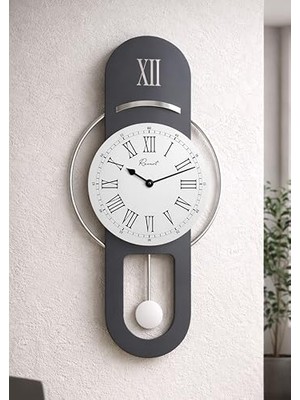 Aesco Hareketli Sarkaç, Cam Yüzeyli, Metal Halkalı, Dekoratif Duvar Saati - Roma 70CM (Antrasit Gümüş)