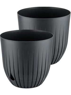 Aesco Çizgi Saksı Plastik Delikli Tabaklı Çiçek Saksısı (2 Adet, Antrasit, 10 Litre)