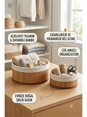 Orvessa Yıkanabilir Bez Alı Bambu Çok Amaçlı Sepet Seti