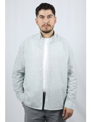 Çizgili Düğmeli Yaka Regular Fit Erkek Gömlek | Ventov Yeşil - L
