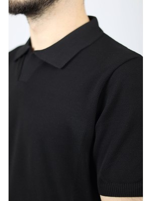 Polo V Yaka Pirinç Örgü Regular Fit Erkek Triko | Ventov Siyah - M