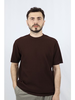 Bisiklet Yaka Fitilli Örgü Regular Fit Erkek Triko | Ventov Kahverengi - M