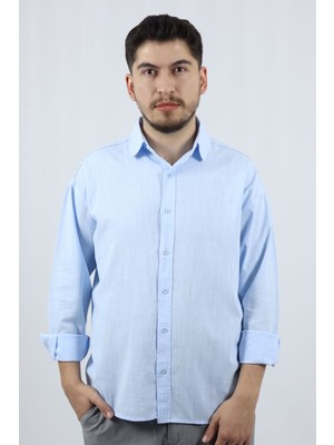 Dokulu %100 Pamuk Regular Fit Erkek Gömlek | Ventov Mavi - Xl