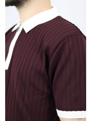 Fermuarlı Polo Yaka Regular Fit Fitilli Erkek Triko | Ventov Bordo Beyaz Yaka - M