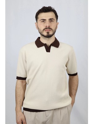 Polo V Yaka Fitilli Örgü Regular Fit Erkek Triko | Ventov Ekru - L