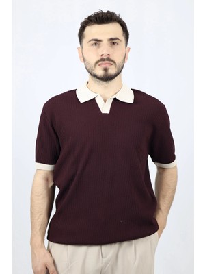 Polo V Yaka Fitilli Örgü Regular Fit Erkek Triko | Ventov Bordo - M