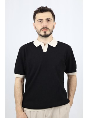 Polo V Yaka Fitilli Örgü Regular Fit Erkek Triko | Ventov Siyah - M