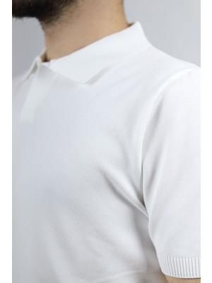 Polo V Yaka Pirinç Örgü Regular Fit Erkek Triko | Ventov Beyaz - S