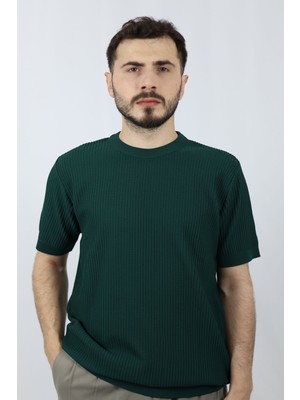 Bisiklet Yaka Fitilli Örgü Regular Fit Erkek Triko | Ventov Yeşil - M