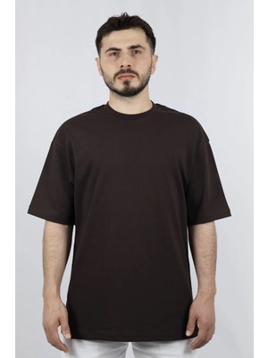 %100 Pamuk Oversize Bisiklet Yaka Erkek Tişört | Ventov Kahverengi - L