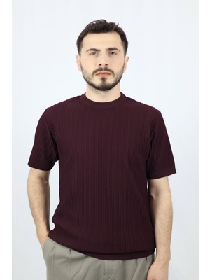 Bisiklet Yaka Fitilli Örgü Regular Fit Erkek Triko | Ventov Bordo - Xl