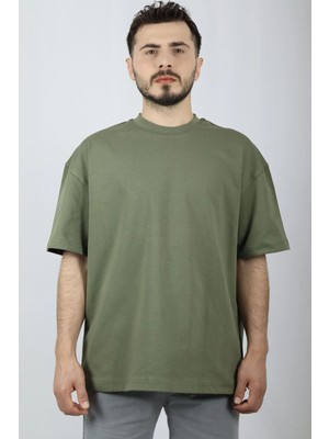 %100 Pamuk Premium Oversize Bisiklet Yaka Erkek Tişört | Ventov Haki - S