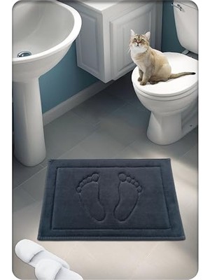 Aesco %100 Pamuk Dokuma Su Emici Banyo Paspası Ayak Desen 60X40 cm (Antrasit)