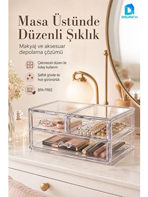 Orvessa 3 Çekmeceli Şeffaf Kozmetik ve Takı Seti, Çok Bölmeli ve Kullanışlı