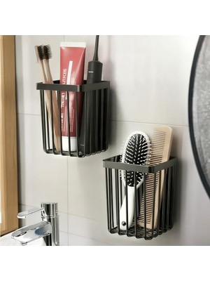 Aesco 2'li Set Yapışkanlı Diş Fırçalık, Saç Fırçası Tarak Düzenleyici, Banyo Düzenleyici Banyo Rafı Siyah