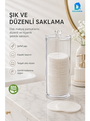 Orvessa Kapaklı Şeffaf Makyaj Pamukluğu ve Disk Saklama Kutusu Makyaj & Takı Organizeri 7X7X20 cm