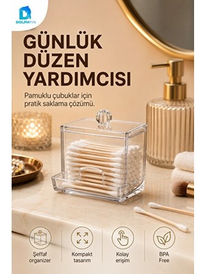 Orvessa Şeffaf Kapaklı Kulak Çubuğu ve Pamukluk Saklama Kutusu Makyaj & Takı Organizeri