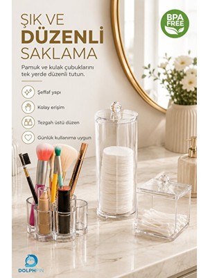 Orvessa 3’lü Şeffaf Makyaj Organizer Seti - Fırça, Pamuk ve Kulak Çubuğu Saklama