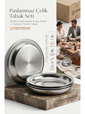 Aesco 4'lü Paslanmaz Çelik Tabak Seti 21 Cm, Kırılmaz, Hafif, Yeniden Kullanılabilir Kamp, Piknik ve Outdoor Yemek Tabağı 719554