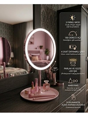 Orvessa Oval LED Işıklı Makyaj Aynası, 4 Saat Dayanıklı ve Şık Tasarım Makyaj & Takı Organizeri