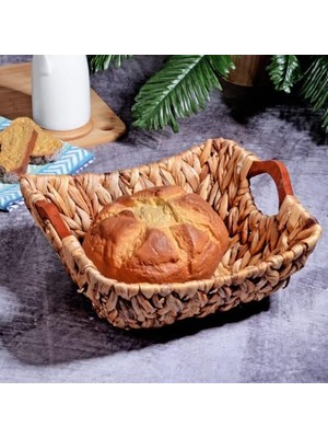 Aesco Wicker Serisi Bezli Kare Ahşap Kulplu Hasır Ekmek Sepeti