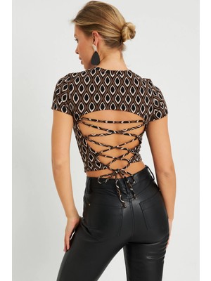 TeknoKapsül Cool & Sexy Kadın Sırt Dekolteli Crop Bluz Kahverengi AYD271