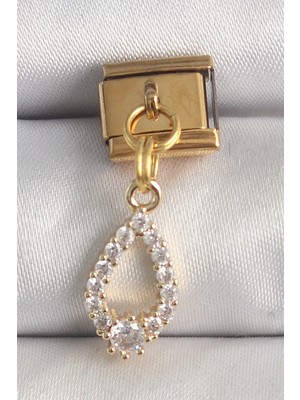 Ronanna Buğz 316L Çelik Gold Renk Sallantı Zirkon Taşlı Damla Model Nomination Charm