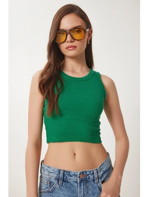 TeknoKapsül Happiness Istanbul Kadın Yeşil Halter Yaka Crop Örme Bluz  DZ00030