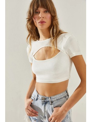 TeknoKapsül Bianco Lucci Kadın Yaka Detaylı Kısa Kollu Basic Crop 4121 T-Shirt 60251352
