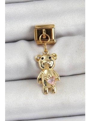Ronanna Buğz 316L Çelik Sallantılı Zirkon Taşlı Ayıcık Model Gold Renk Nomination Charm