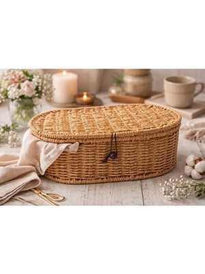 Orvessa Doğal Rattan Kapaklı Düzenleyici Sepet, Oval Tasarım