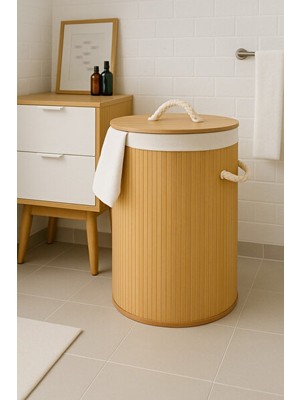 Orvessa Modern Bambu Yuvarlak Kapaklı Çamaşır Sepeti, 48 Litre Hacim