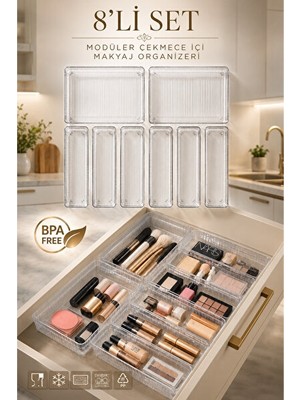 Orvessa Modüler 8’li Makyaj Seti, Çekmeceli Düzenleyici ile Pratik Saklama Makyaj & Takı Organizeri