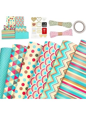 Aesco Hediye Paketleme Kağıdı, 6 Adet 50X70CM Bahar Temalı Set, Kurdele, Sticker ve Bant Dahil, Doğum Günleri Için Mükemmel Hediye Paketleme Seti