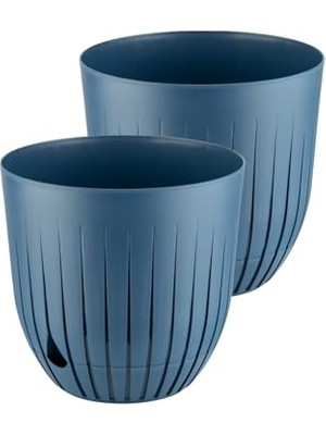 Aesco Çizgi Saksı Plastik Delikli Tabaklı Çiçek Saksısı (2 Adet, Mavi, 5 Litre)