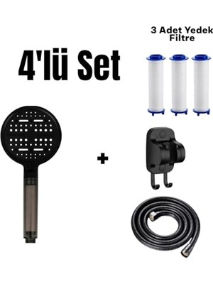 Aesco 4'lü Set 6 Fonksiyonlu Filtreli Duş Başlığı +3 Adet Yedek Filtre+ 150 cm Duş Hortumu + Siyah Yapışkanlı Askı Aparatı