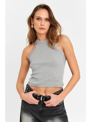 TeknoKapsül Cool & Sexy Kadın Gri Halter Yaka Dantelli Bluz MK04