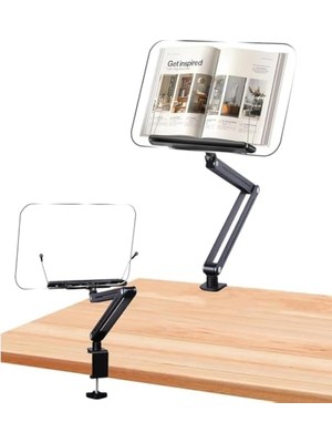 Aesco Ayarlanabilir Masa Kenarı Kitap ve Tablet Standı – 360° Dönebilen, 87.5cm Yükseklik Ayarlı, Kelepçeli Metal Kol, Şeffaf Akrilik Panel, Kitap Okuma, Tablet, iPad ile Uyumlu | P87