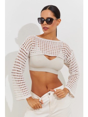 TeknoKapsül Cool & Sexy Kadın Ekru Ajurlu Bolero YV115