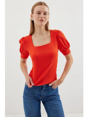 TeknoKapsül Bigdart 0409 Kare Yaka Örme Bluz - Oranje