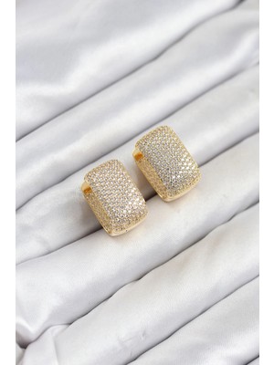 Ronanna Buğz Gold Renk Full Zirkon Taşlı Kare Halka Kadın Küpe