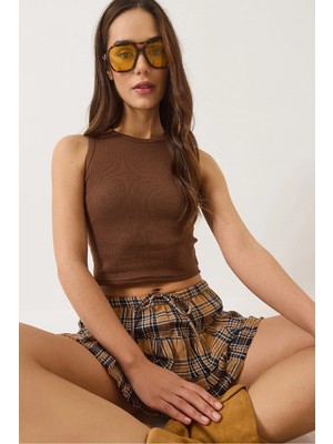 TeknoKapsül Bianco Lucci Kadın Fitilli Halter Yaka Kaşkorse Basic Crop Top Atlet 60602045