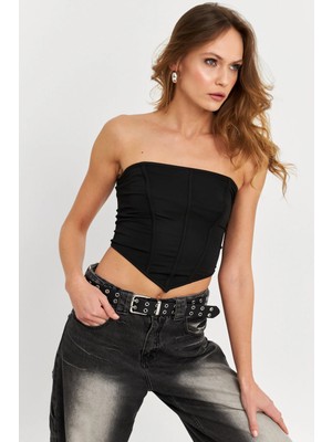 TeknoKapsül Cool & Sexy Kadın Siyah Straplez Crop Bluz B6081