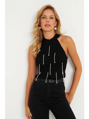 TeknoKapsül Cool & Sexy Kadın Siyah Inci Detaylı Triko Bluz KAZ005