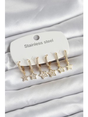 Ronanna Buğz 316L Çelik Gold Renk 6'lı Set Yıldız Model Kadın Küpe