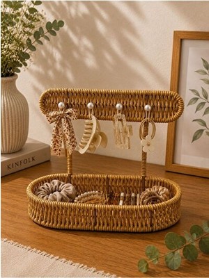 Orvessa Hasır Rattan Oval Takı ve Toka Organizeri ile Doğal Dekorasyon Makyaj & Takı Organizeri