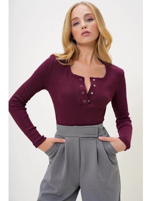 TeknoKapsül Trend Alaçatı Stili Kadın Bordo Çıtçıtlı Zımparalı Kaşkorse Bluz MDS-345-BLZ